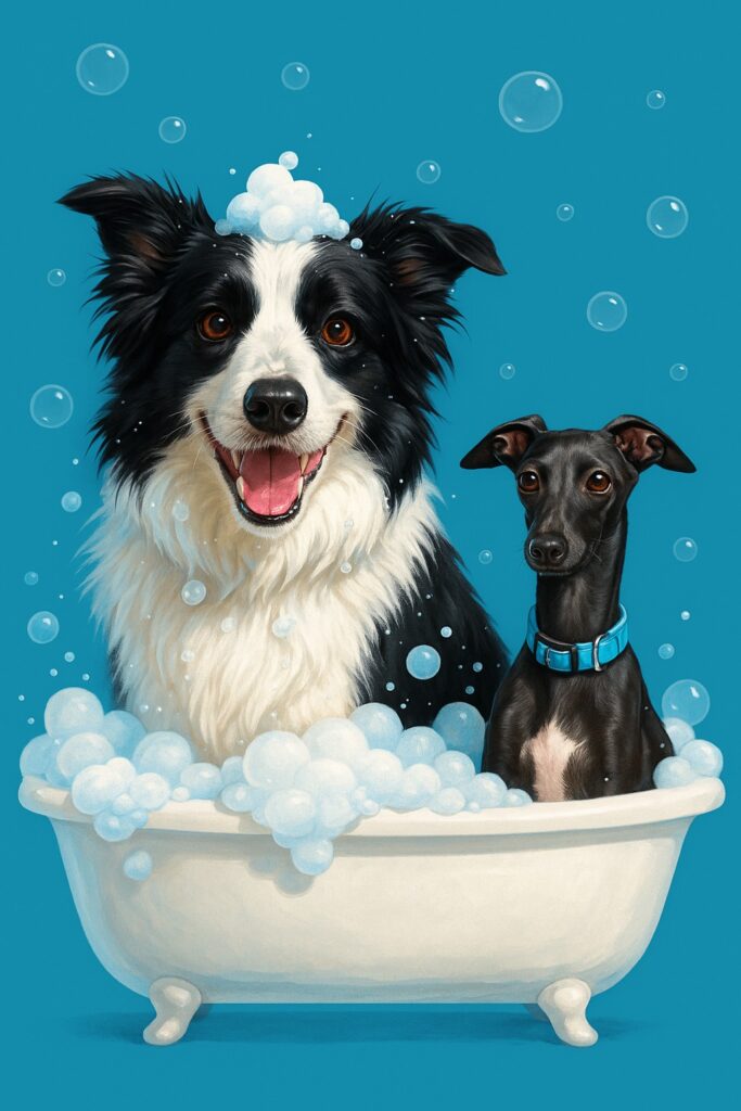 deux chiens, un border collie et un lévrier sont dans une baignoire avec des bulles de savons.