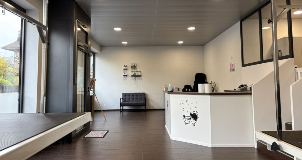 entrée du salon, vue d'ensemble avec Contoire d'accueil.